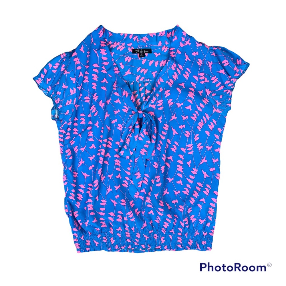 Antilia Femme Size M Summer Tunic Top Pink & Blue Bird Print Sleeveless Blouse